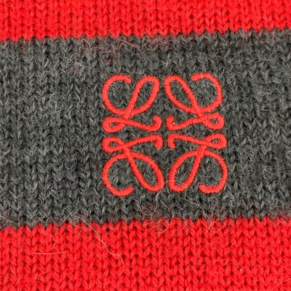 CW0727 Loewe Striped Red & Gray Wool Crewneck Sweater With Embroidered Logo - Picture 5 of 8